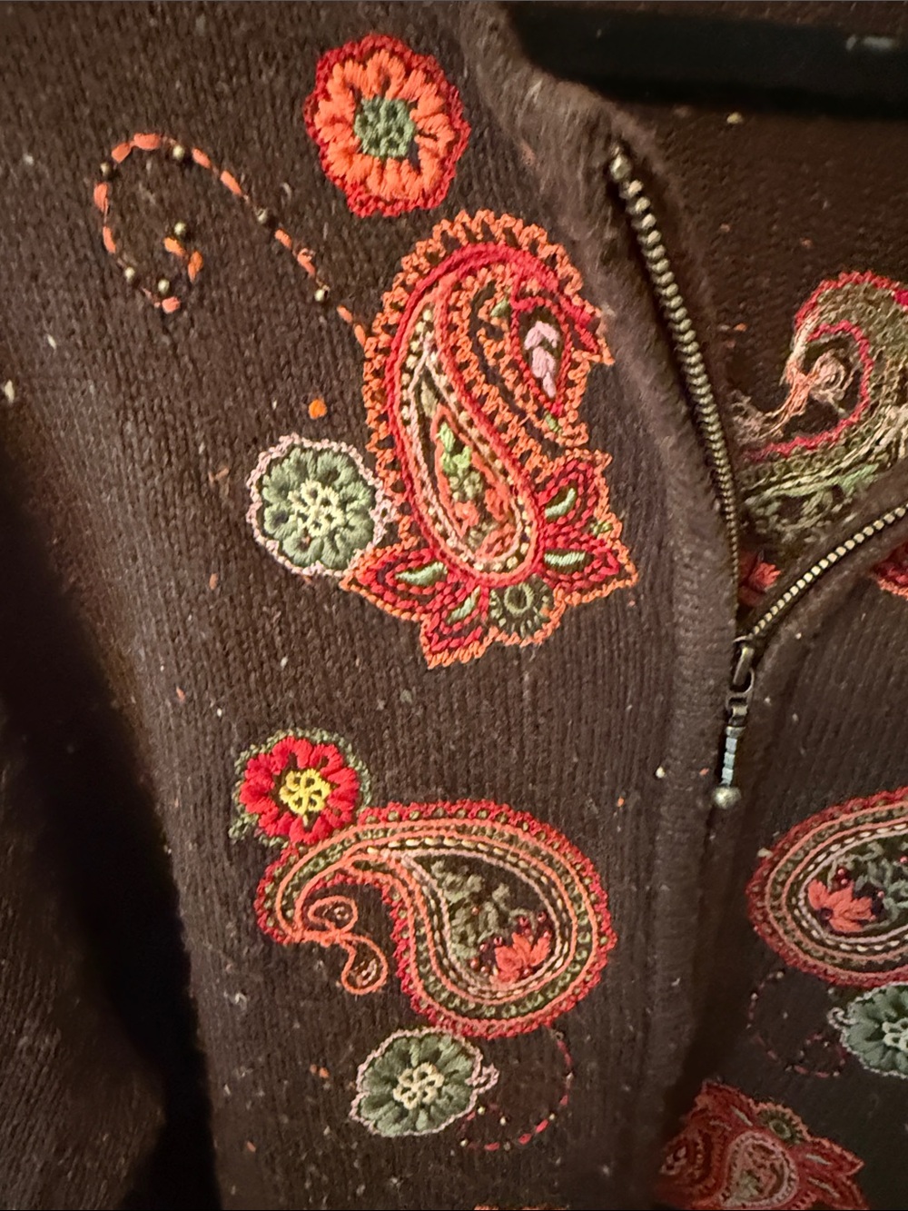 Vintage Croft & Barrow Brown Zip Cardigan with Multicolor Paisley Embroidery - Picture 6 of 7